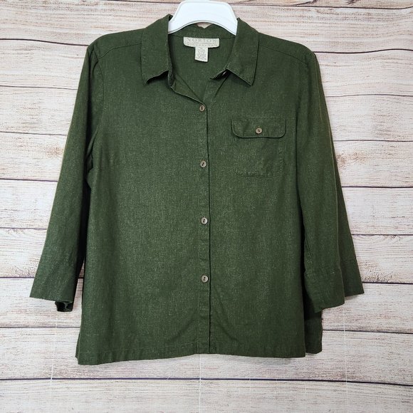 Norton McNaughton Button Up Shirt Women's Size 12 Green 3/4 Sleeve Linen Blend - Picture 1 of 13